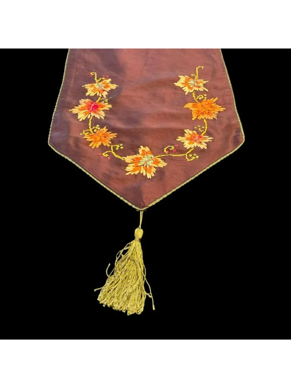Vtg Fall Autumn Silky Satin Table Runner Embroidered Leaves Vines Tassels 80